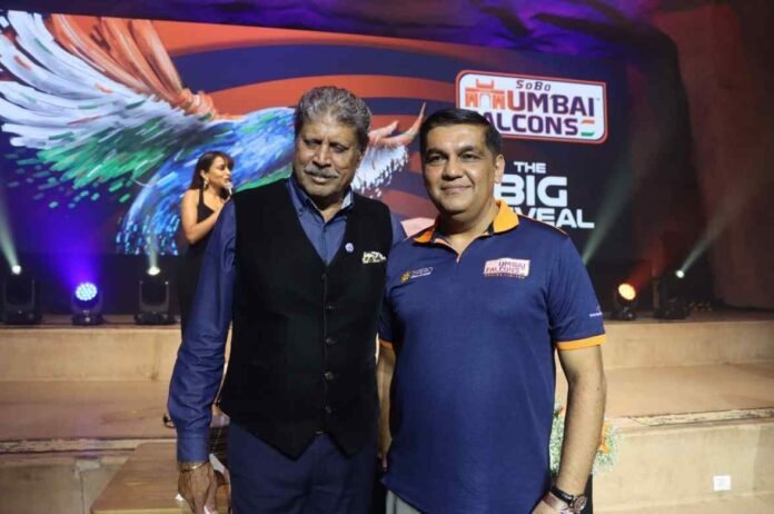 Mr Kapil Dev and Mr Ameet Gadhoke launch the jersey of SoBo Mumbai Falcons for the T20 Mumbai League 2025.