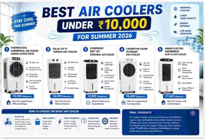 best air coolers under 10000, air coolers India 2026, budget cooling solutions, top air coolers summer, budget air coolers India