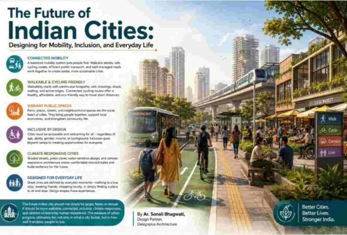 Pedestrians and cyclists navigating a modern, shaded, tree-lined urban street in an Indian city