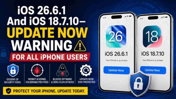 An iPhone displaying the software update screen for iOS 26.6.1 and iOS 18.7.10 security patches.