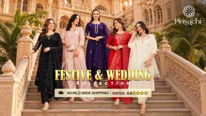 Prisachi ethnic wear, wedding guest outfits, affordable ethnic wear, zardozi kurta sets, chikankari suit sets, budget Indian wedding wear, haldi outfit ideas, mehndi dress collection, sangeet kurtas, occasion wear shopping, Indian fashion e-commerce, diaspora ethnic wear