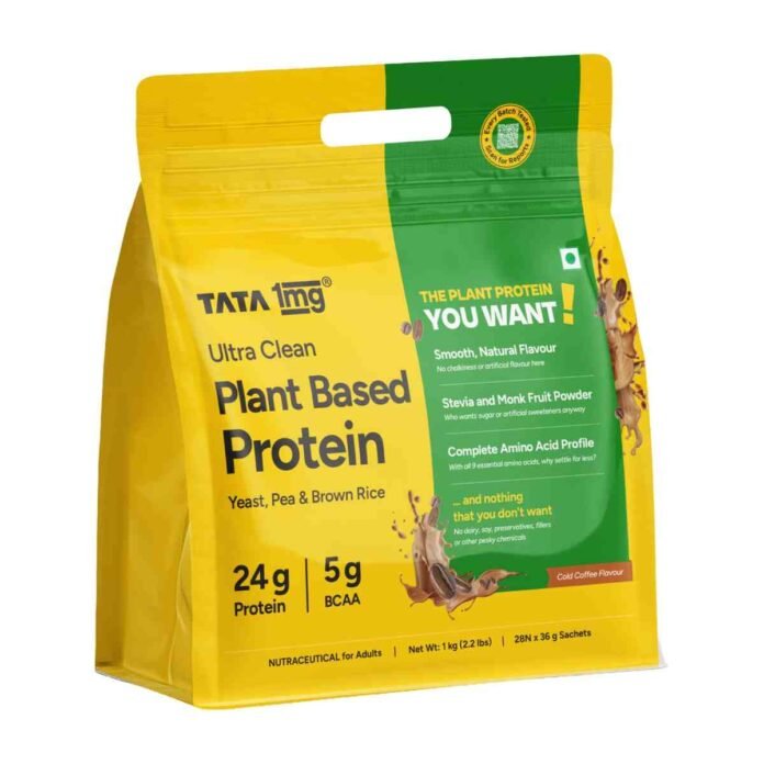 Tub of Tata 1mg plant based protein powder with hazelnut chocolate flavor and tri-blend nutrition badge