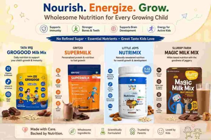 Glass of chocolate health drink made with jaggery and date powder surrounded by nuts, millets, and raw cocoa for kids' nutrition in India