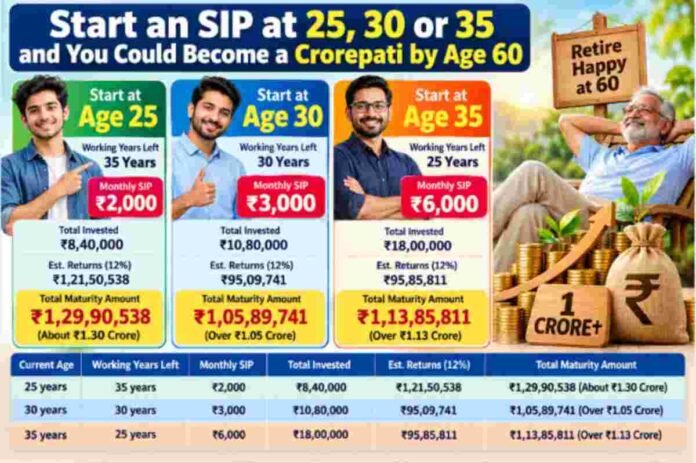 Chart showing how a monthly SIP started at age 25, 30 or 35 can grow into a retirement fund by age 60
