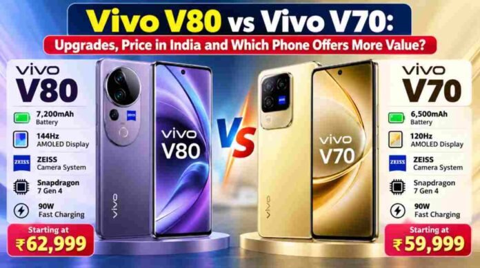 Vivo V80 and Vivo V70 smartphones placed side by side showing the new Floating Camera module and the square camera design